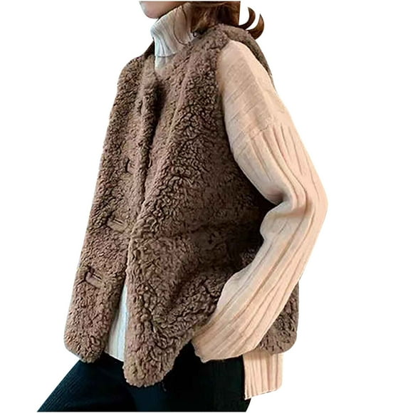 Womens Casual Fleece Sherpa Vest Double Breasted Solid Crew Neck Plush Sleeveless Jacket Fall Winter Cozy Fuzzy Waistcoat