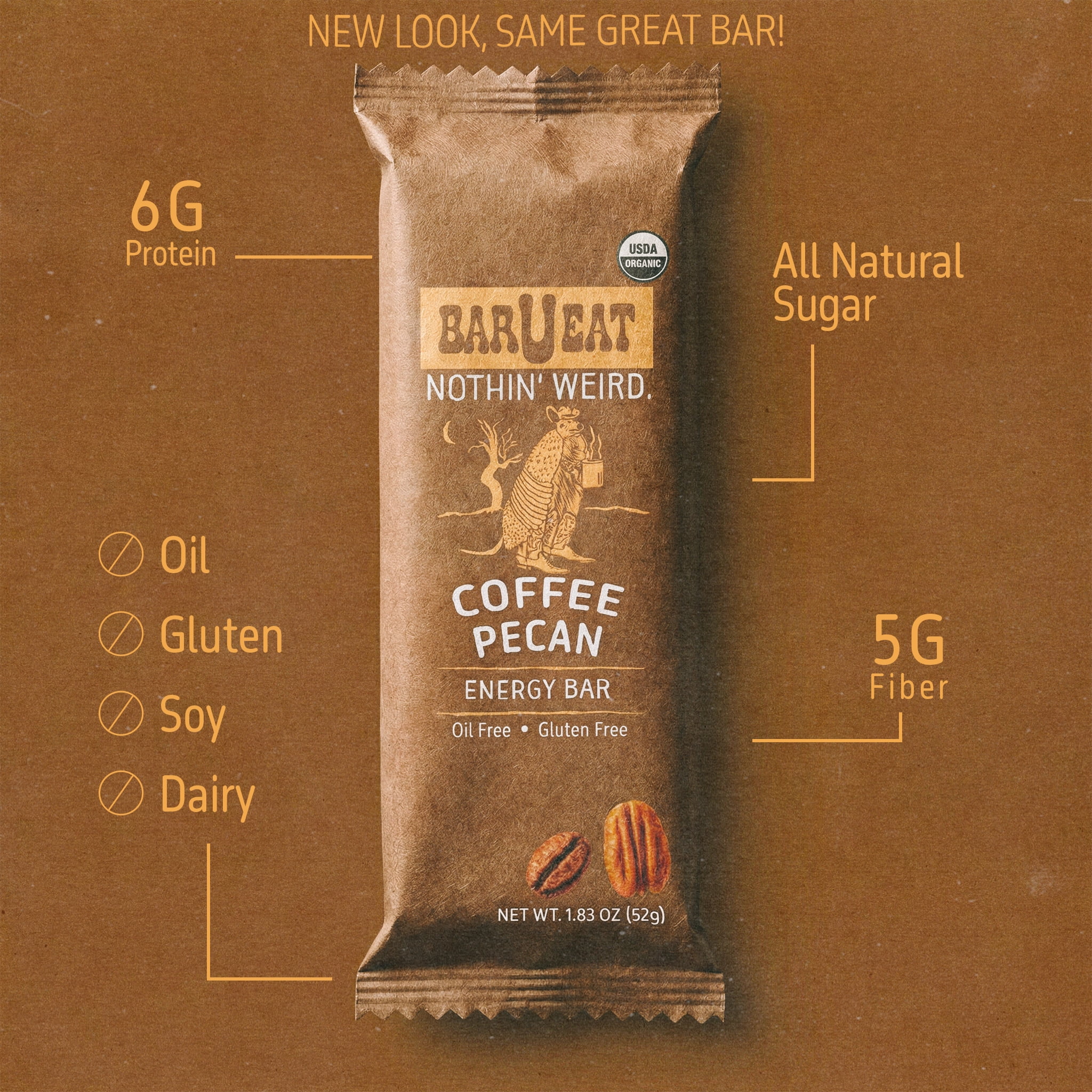 BAR-U-EAT Gluten-Free, Organic, Soft & Chewy Energy Bar. Whole Food Ingredients | Compostable Packaging | No Artificial Sugar | Healthy Snacks (Coffee Pecan 12 Pack)