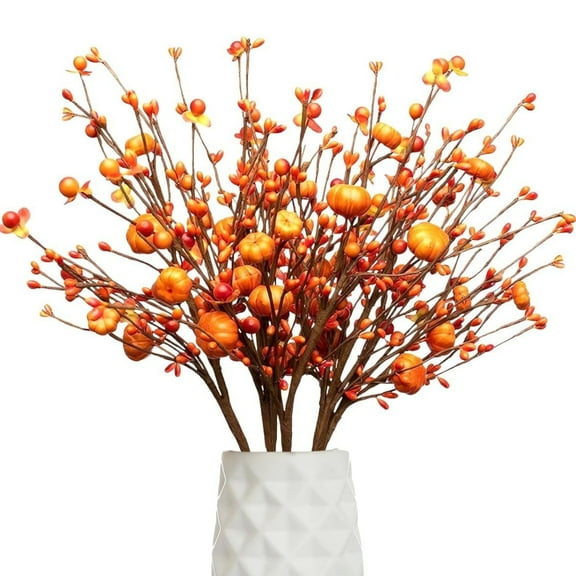 6 Pcs Fall Artificial Berry Stems Topboutique Berry Picks Branches Orange Pumpkins Stems Fake Autumn Floral Picks for Harvest Thanksgiving Christmas Home Vase Decor,17 inch Tall
