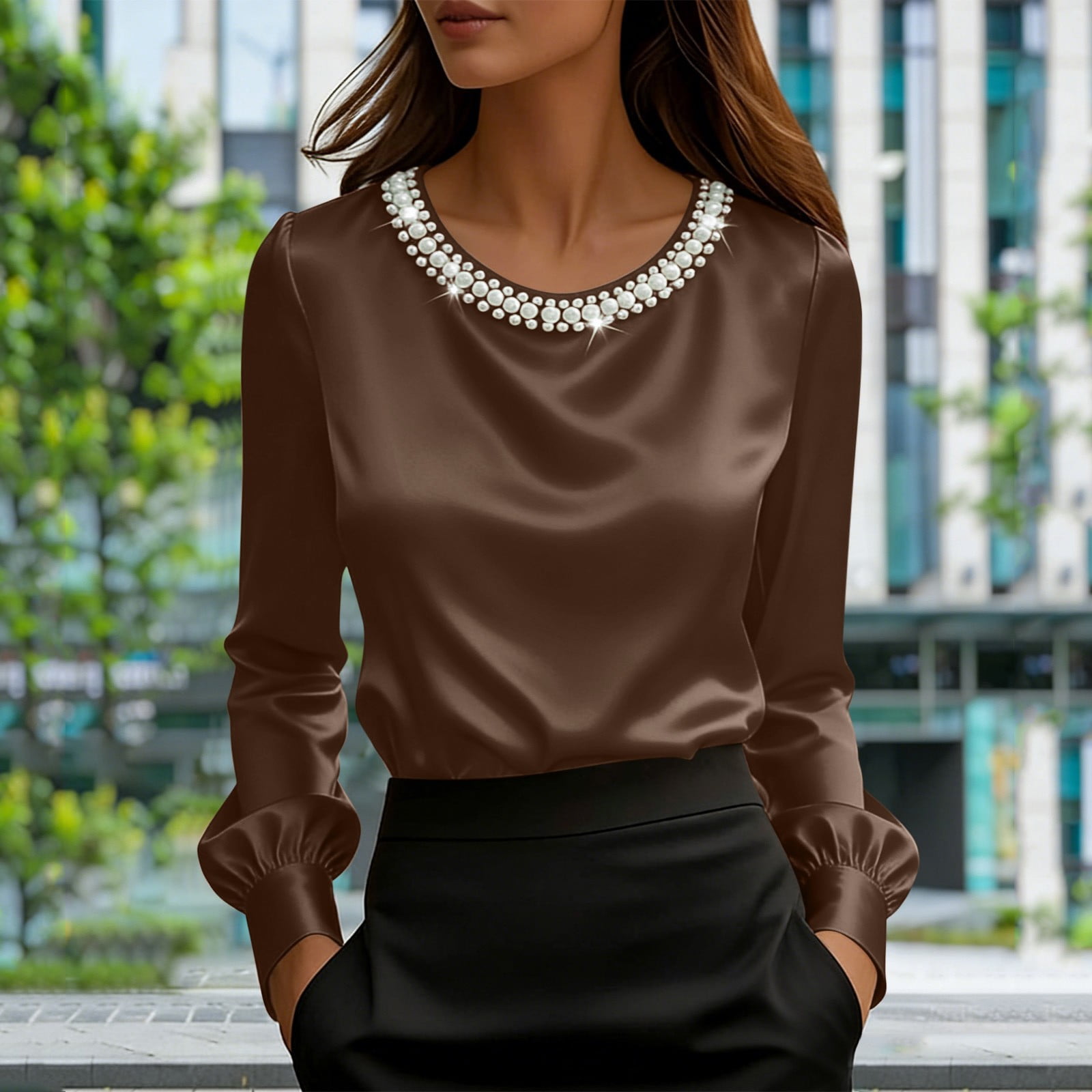 RXMEKW Pearl Embellished Satin Long Sleeve Top for Women, Round