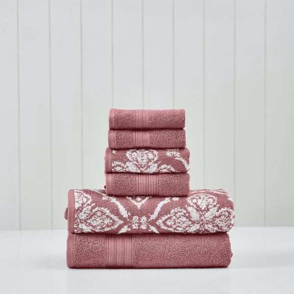 Modern Threads Amaris 6-Piece Reversible Yarn Dyed Jacquard Towel Set - Bath Towels, Hand Towels, & Washcloths - Super Absorbent & Quick Dry - 100% Combed Cotton, Rosewood