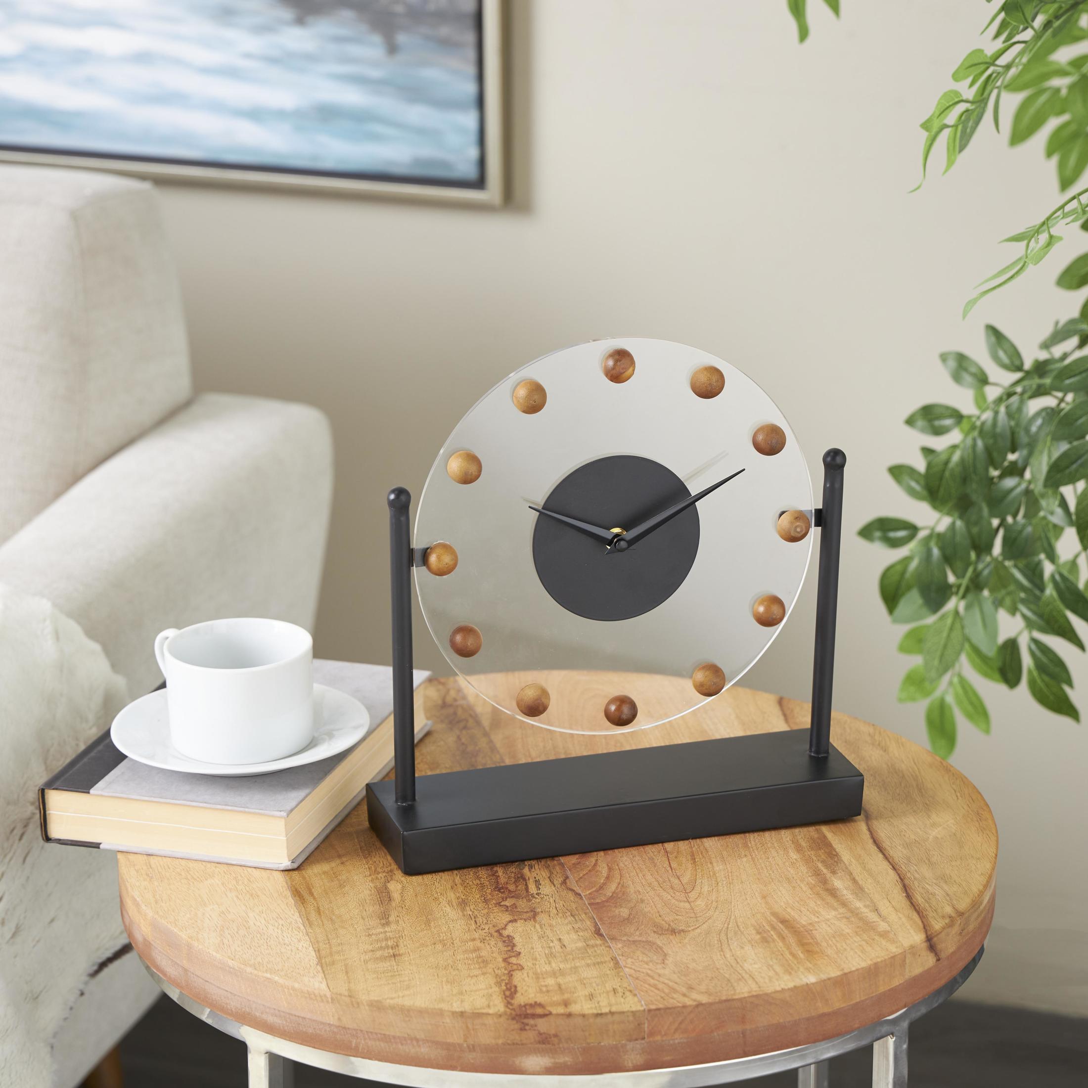 DecMode 11" Black Metal Acrylic Face Clock with Wood Ball Accents