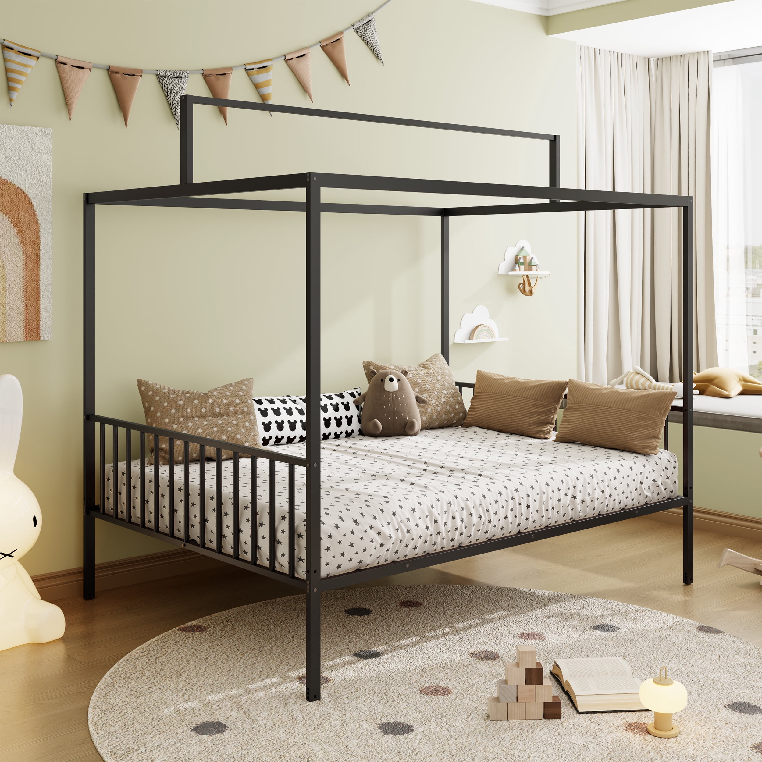 Euroco 3-in-1 Convertible Montessori Metal Bed, Toddler Bed, Floor Bed, Platform Bed,Modern Minimalist Design Canopy Bed Flame, Easy Assembly, Full Size, Black