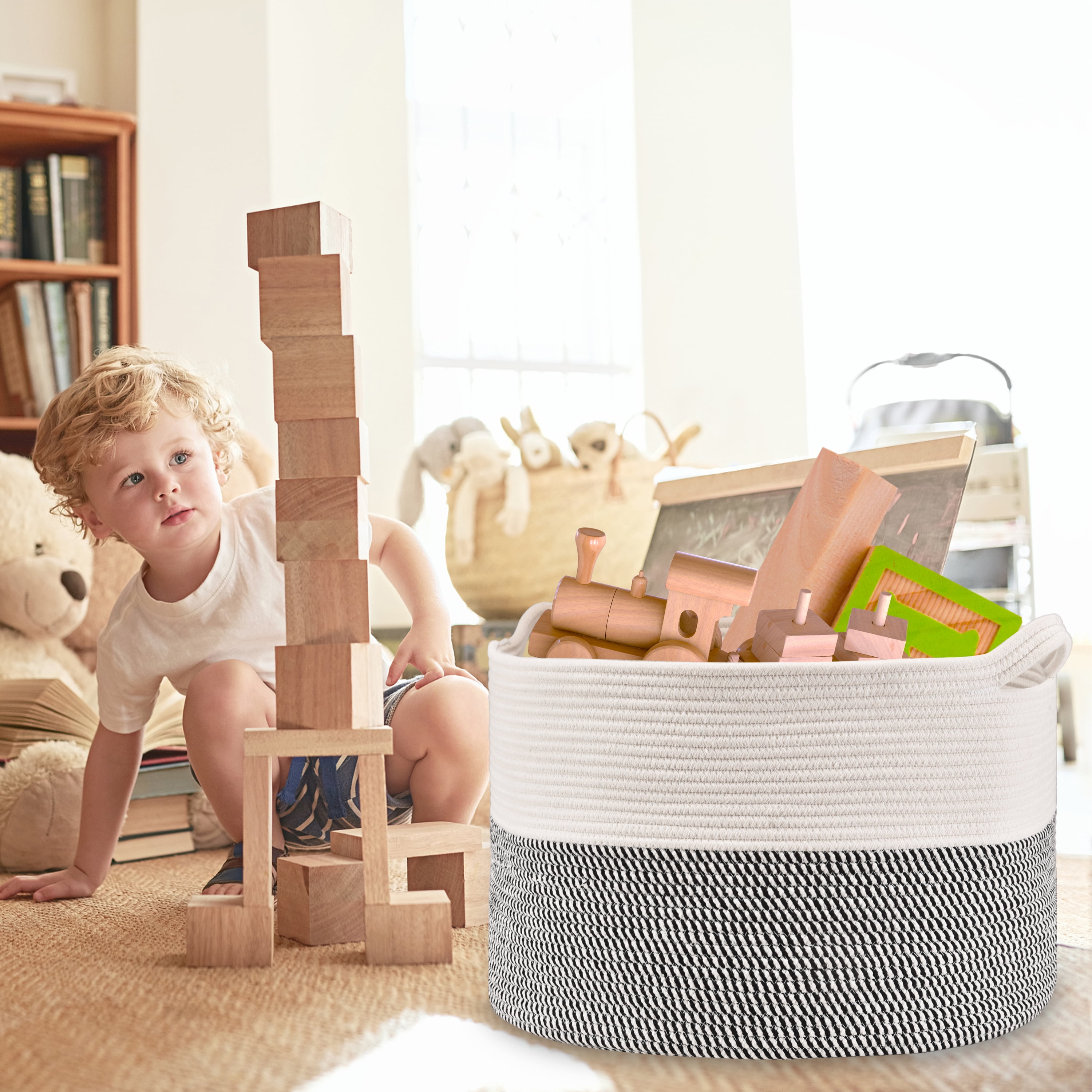 Blanket Basket Living Room,22" x 22"x14",XXXL Storage Baskets,Woven Rope Baskets for Storage,Large Basket with Storage Bag,Baby Laundry Basket,Toy Basket with Handle,Clothes Hamper (Black)