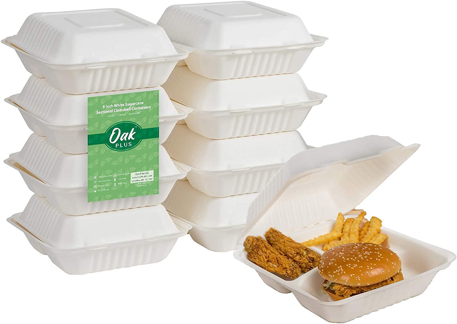 300Packs Oak Plus Compostable Containers with Lid Clamshell Takeout Case 3 Compartments