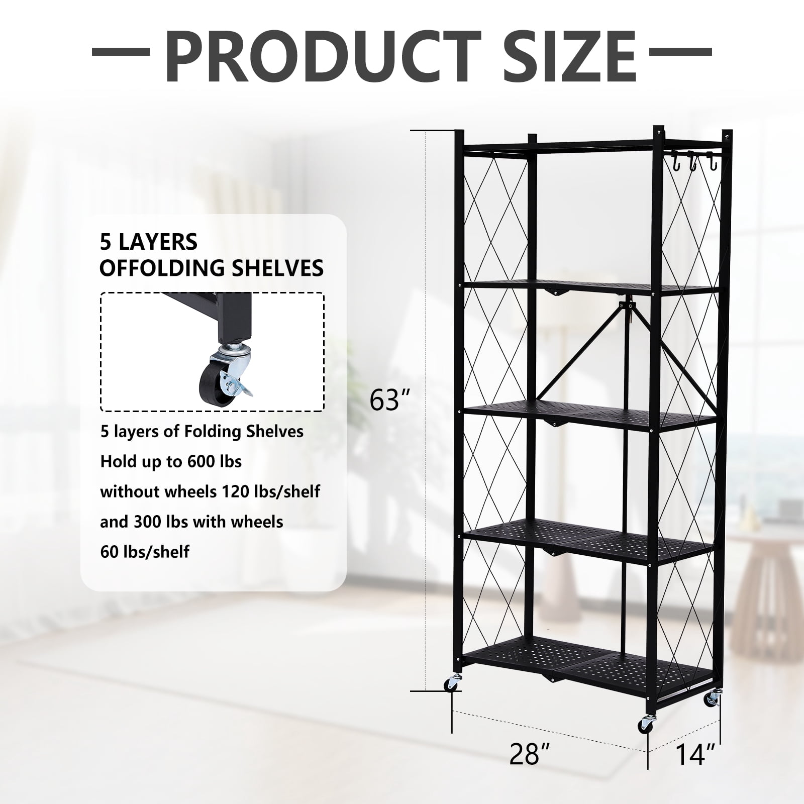 SUGIFT 5-Tier Foldable Metal Storage Shelf with Wheels, No Assembly, Heavy-Duty Organizer (750 lbs) for Home, Garage & Office, Black