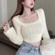 thumbnail image 3 of Suéter corto de punto con cuello cuadrado y diseño de terciopelo de visón de imitación para mujer, estilo Pure desire, sexy, suave y encerado, parte superior interior, 3 of 5