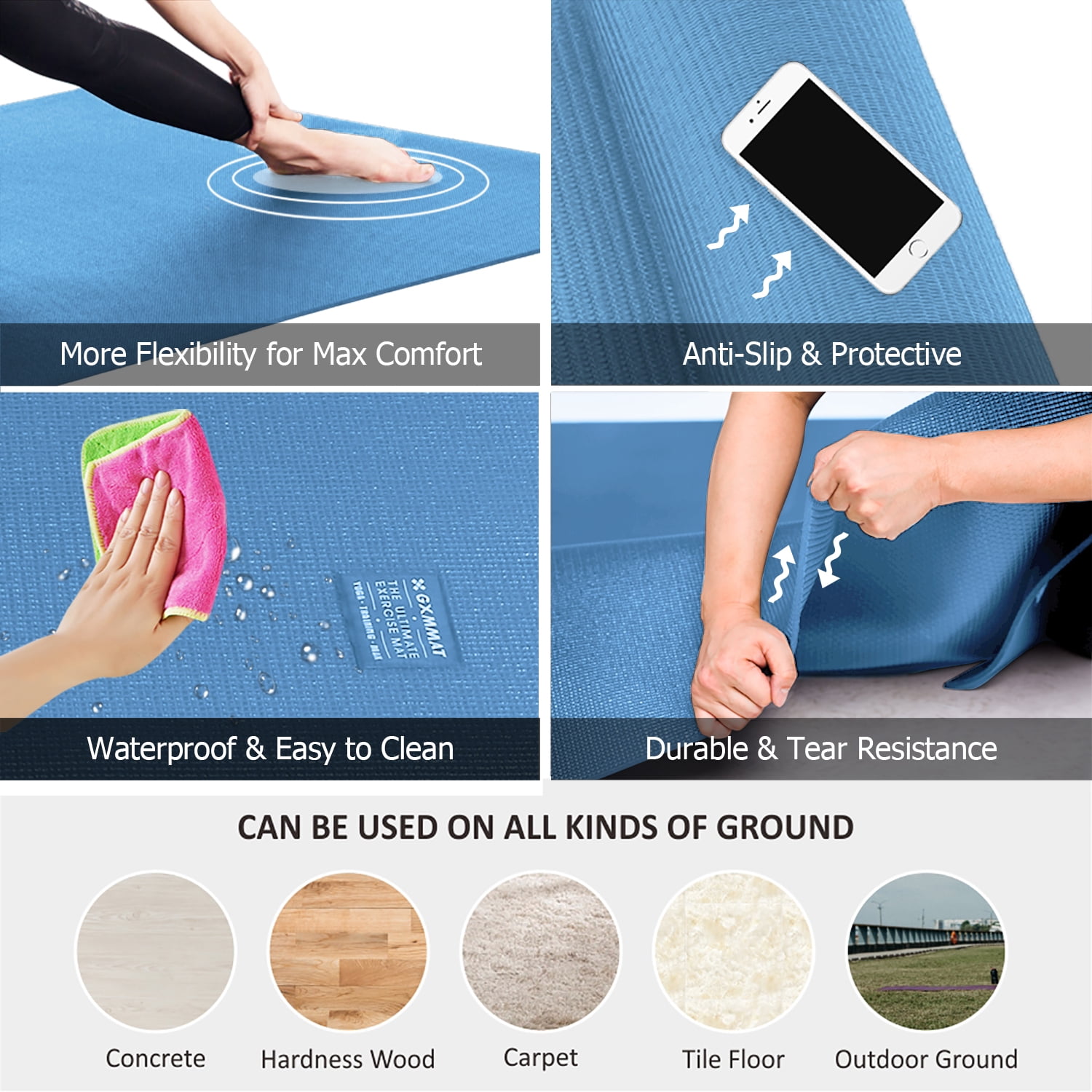 GXMMAT Large Yoga Mat 6'*6'(7mm), Extra Thick Comfortable Workout Mats for Home Gym, Non-Slip Barefoot Wide Exercise Mat, Blue