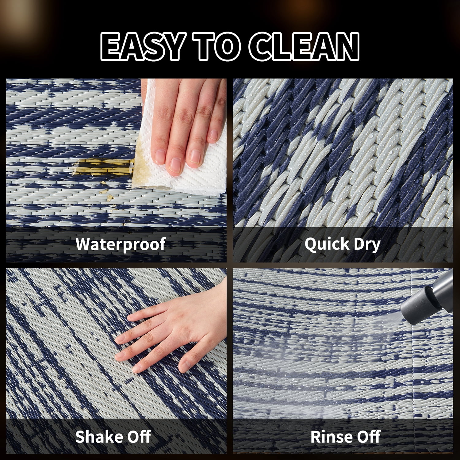 VUNATE Outdoor Rug with LED Strip Lights 8'x10' Waterproof Reversible Patio Rug Plastic Straw Lightweight Indoor Outdoor Rug for RV Camping Deck Balcony Boho Porch Decor Dark Blue and Gray