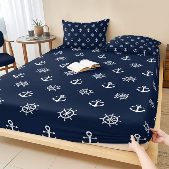King Size Fitted Sheet Set - Nautical Coastal 3 Piece Bedding Sets 16" Deep Pocket Fitted Sheet with 2 Pillowcases, Vintage Ocean Anchor Rudder Simple Navy Blue Brushed Microfiber Hotel Bed Sheets