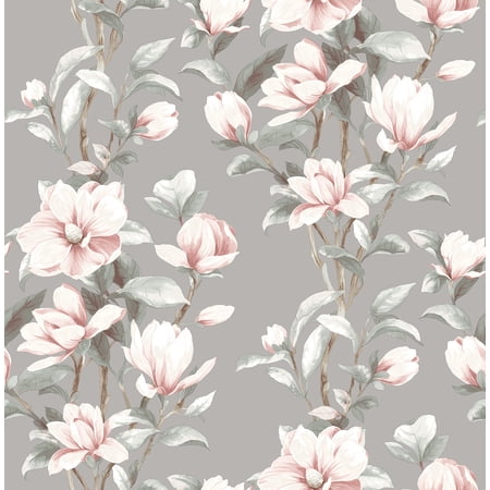 NextWall Metallic Silver & Petal Pink Magnolia Trail Peel and Stick Wallpaper