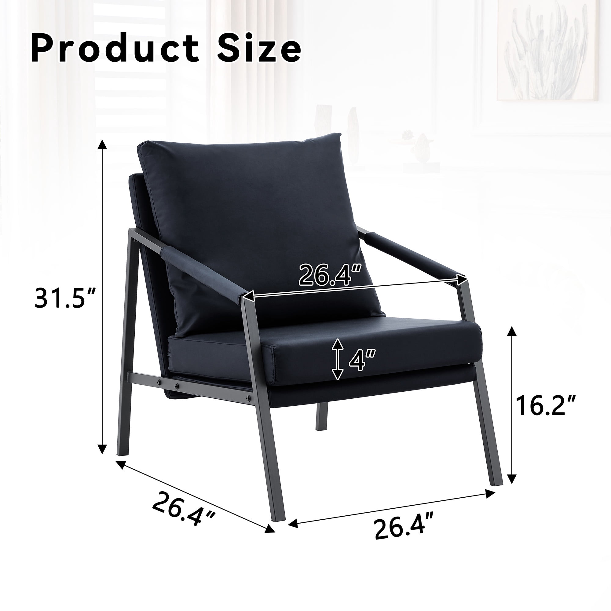 Alvantor Black Faux Leather Accent Chair with Black Metal Frame and Armrests