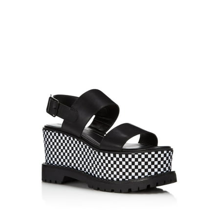 

KENDALL + KYLIE Womens Black Check Double Band 2-1/2 Platform Lug Sole Padded Cady Round Toe Wedge Buckle Leather Slingback Sandal 6 M