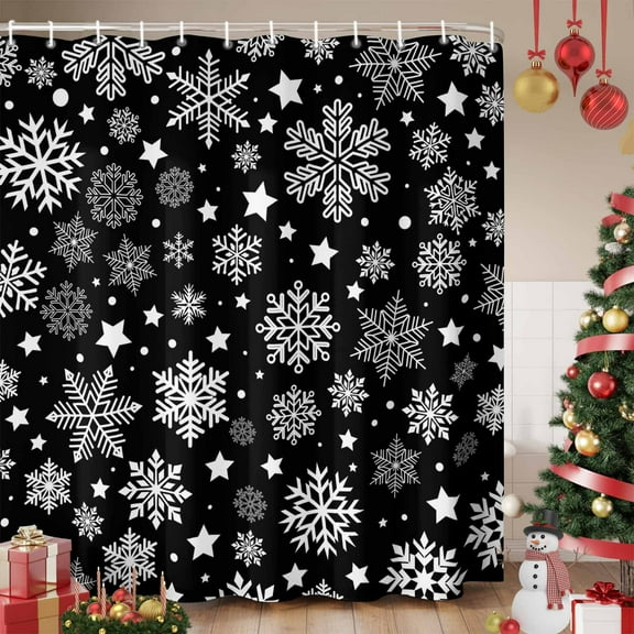 Black Christmas Snowflakes Shower Curtain, Xmas Winter Modern Waterproof Fabric Shower Curtains with 12 Hooks, Bathroom Curtain Set for Bathroom Accessories Decor, 72 x 84 Inches