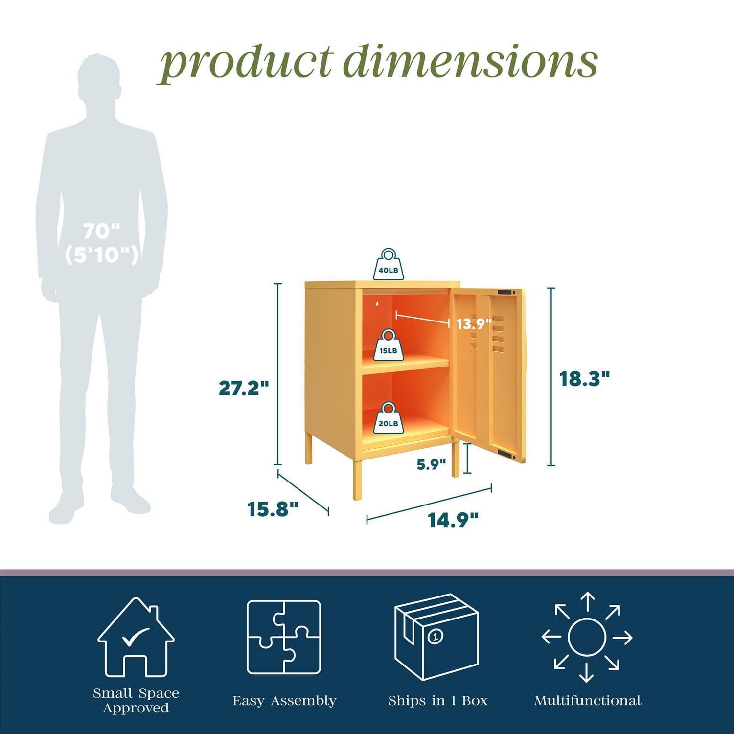 Novogratz Cache Metal Locker Style Living Room End Table, Yellow