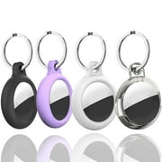 Airtag Keychain Holder 4 Pack Silicone Case for Apple Finder Tracker Air Tags Waterproof Protector Accessories for Pet Dogs Collar Strap, Black/Purple/White/Clear