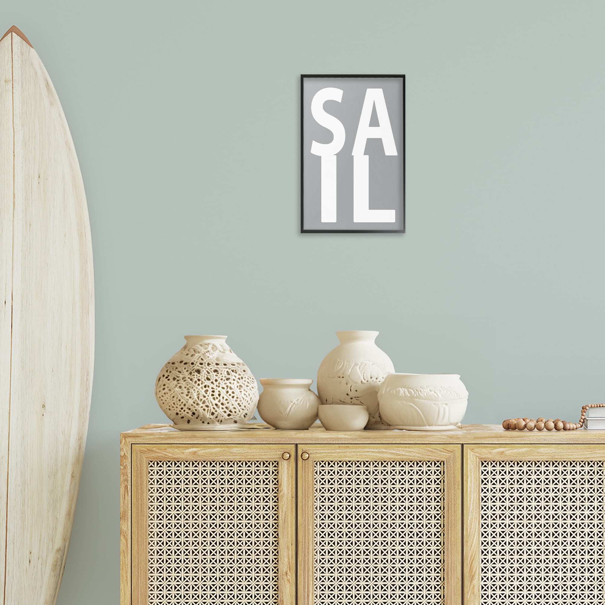 Stupell Industries Sail Word on Grey Typography Painting Black Framed Art Print Wall Art, 12 x 18