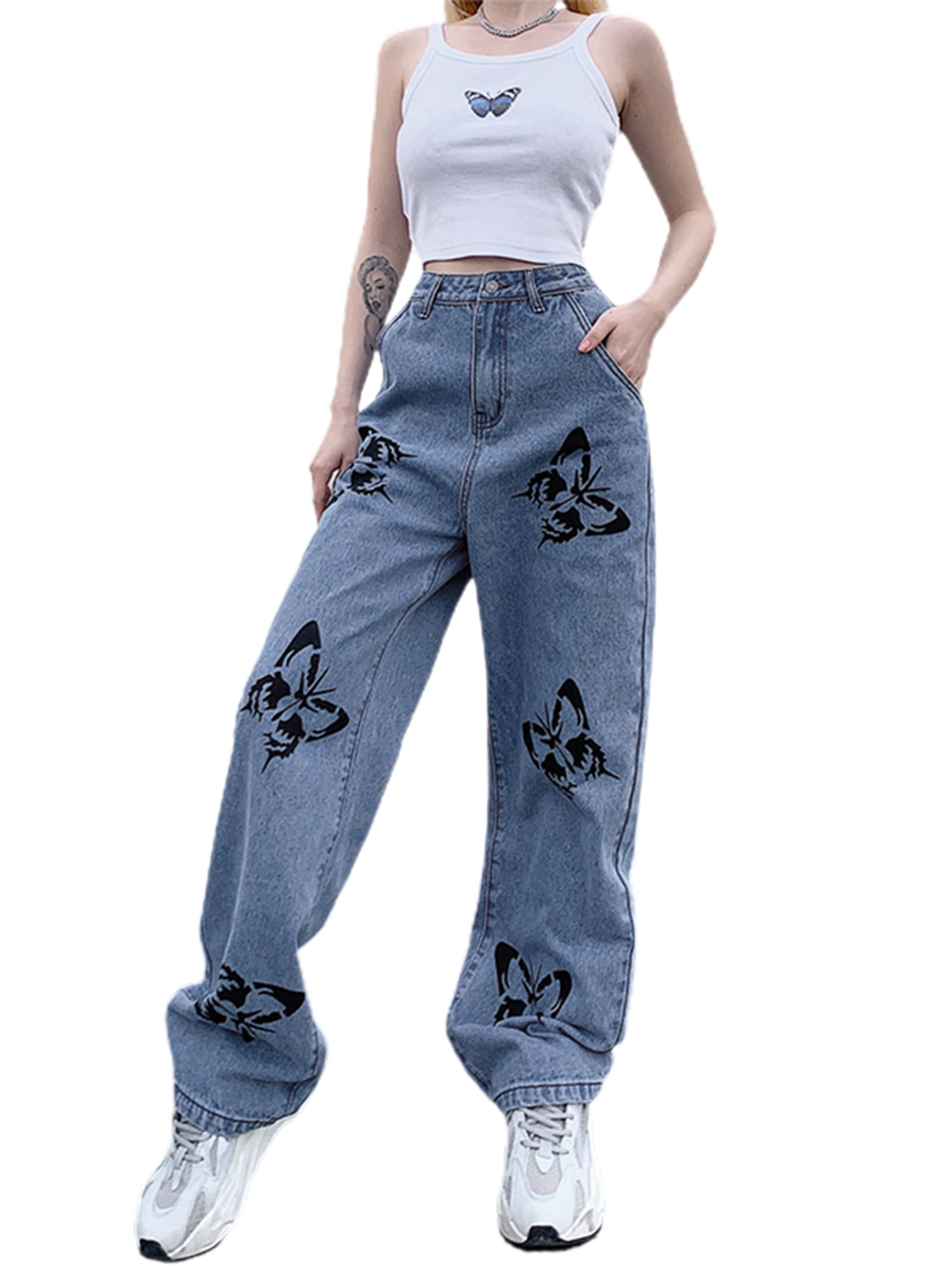 Pudcoco Women Loose Jeans High Waist Long Straight Pants Baggy Trousers