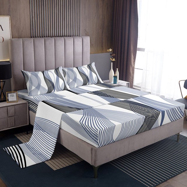 Erosebridal Chic Geometric Sheet Set Full, Steel Blue Stripes Bedding Sets Full Size, Abstract Decor 4 Pieces