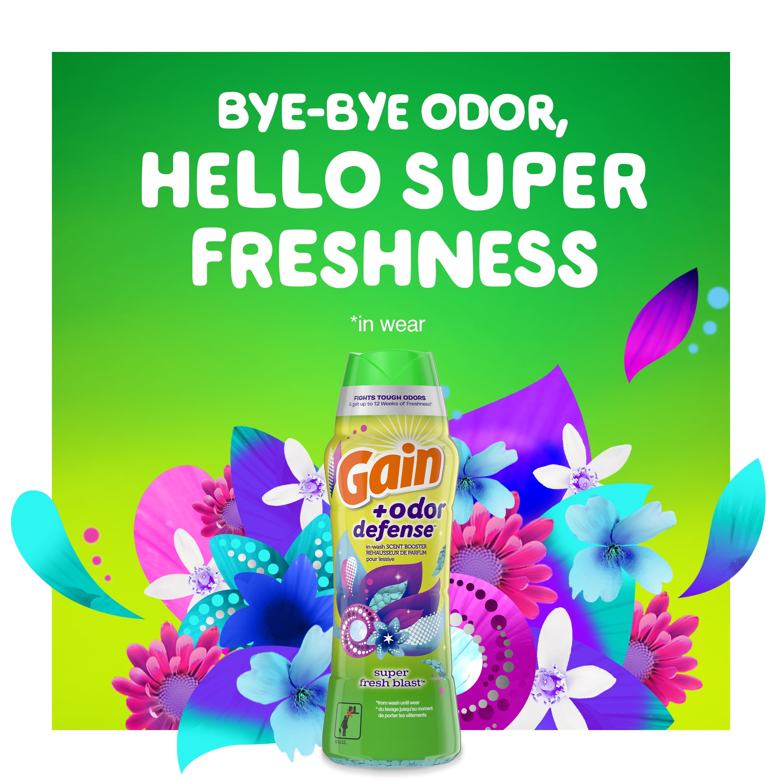 (4 pack) Gain + Odor Defense In-Wash Scent Booster, Super Fresh Blast Scent, 12.2 oz