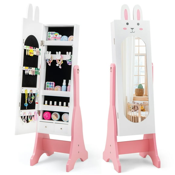 Topbuy Kids Jewelry Armoire Cabinet Free-Standing Full Length Mirror with Storage and 3 Tilt Angles White