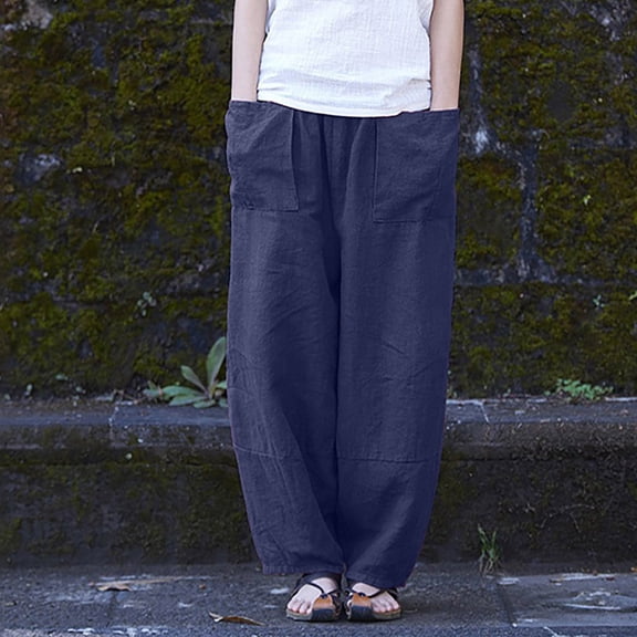 Juslio Women Pants High Waist with Pockets Elastic,Waist Casual Linen Linen Pants L