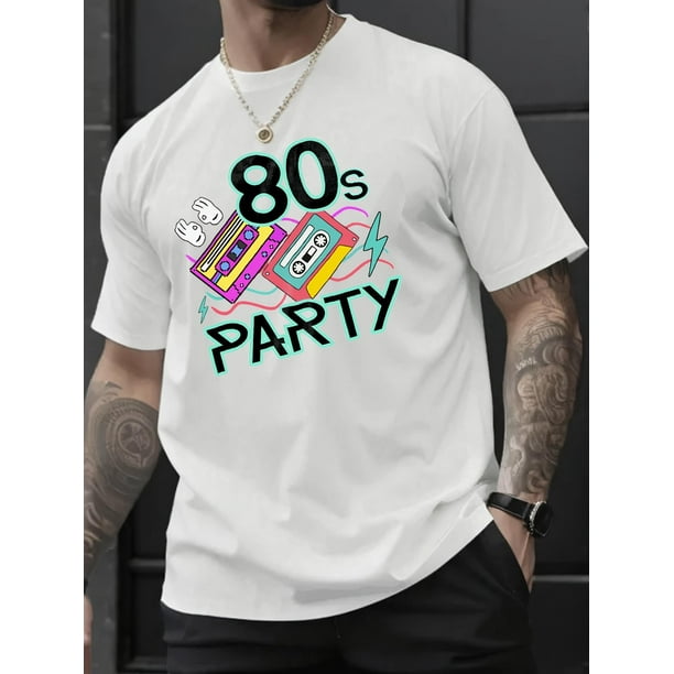 Camiseta informal con estampado "Fiesta de los 80" para hombre, manga corta, corte cómodo, cuello redondo, estilo urbano, ideal para uso diario y para el tiempo libre.