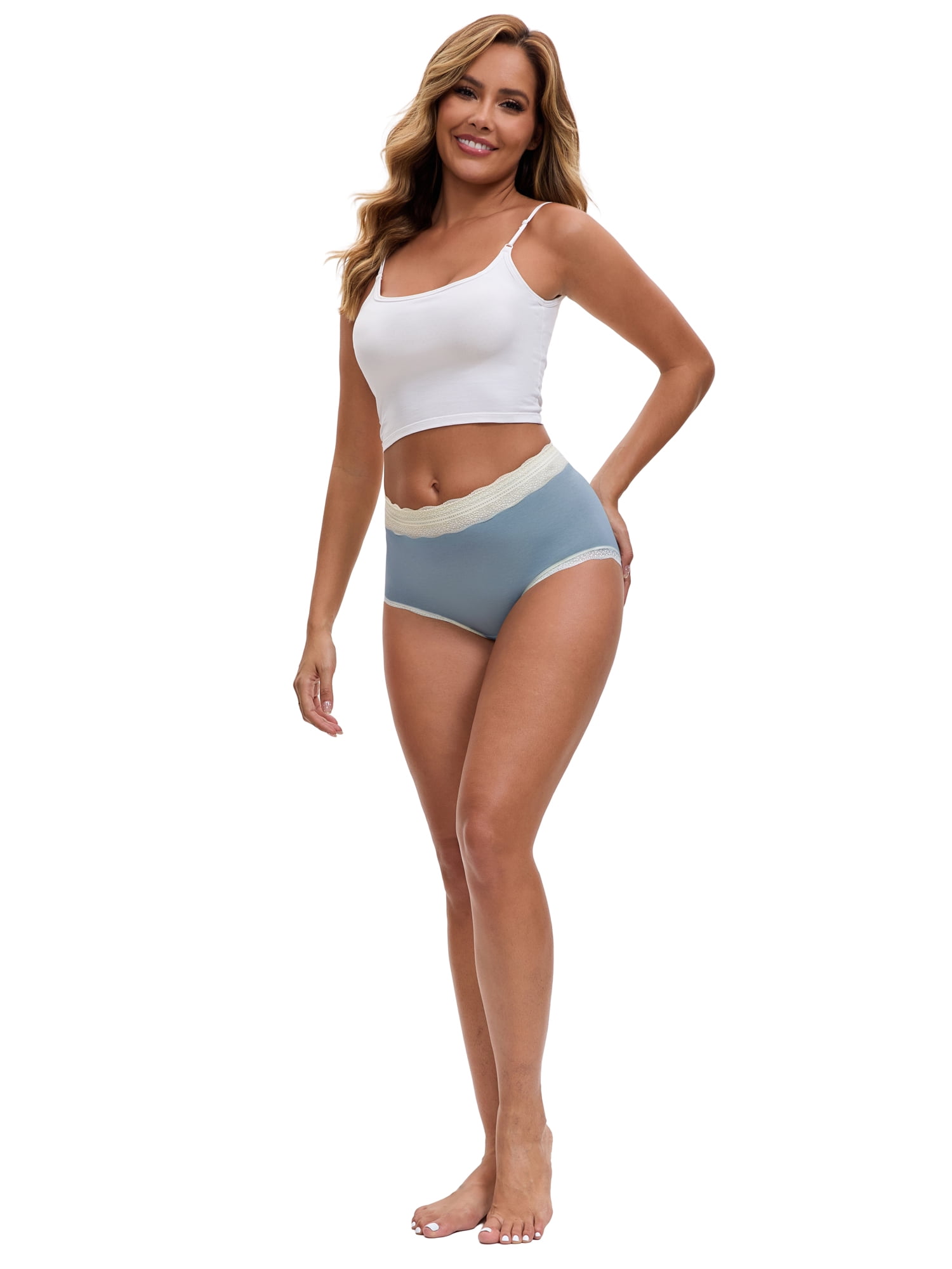 DARING DIVA Women's High Waisted Lace Trim Briefs Full Coverage Panties L Dark Blue
