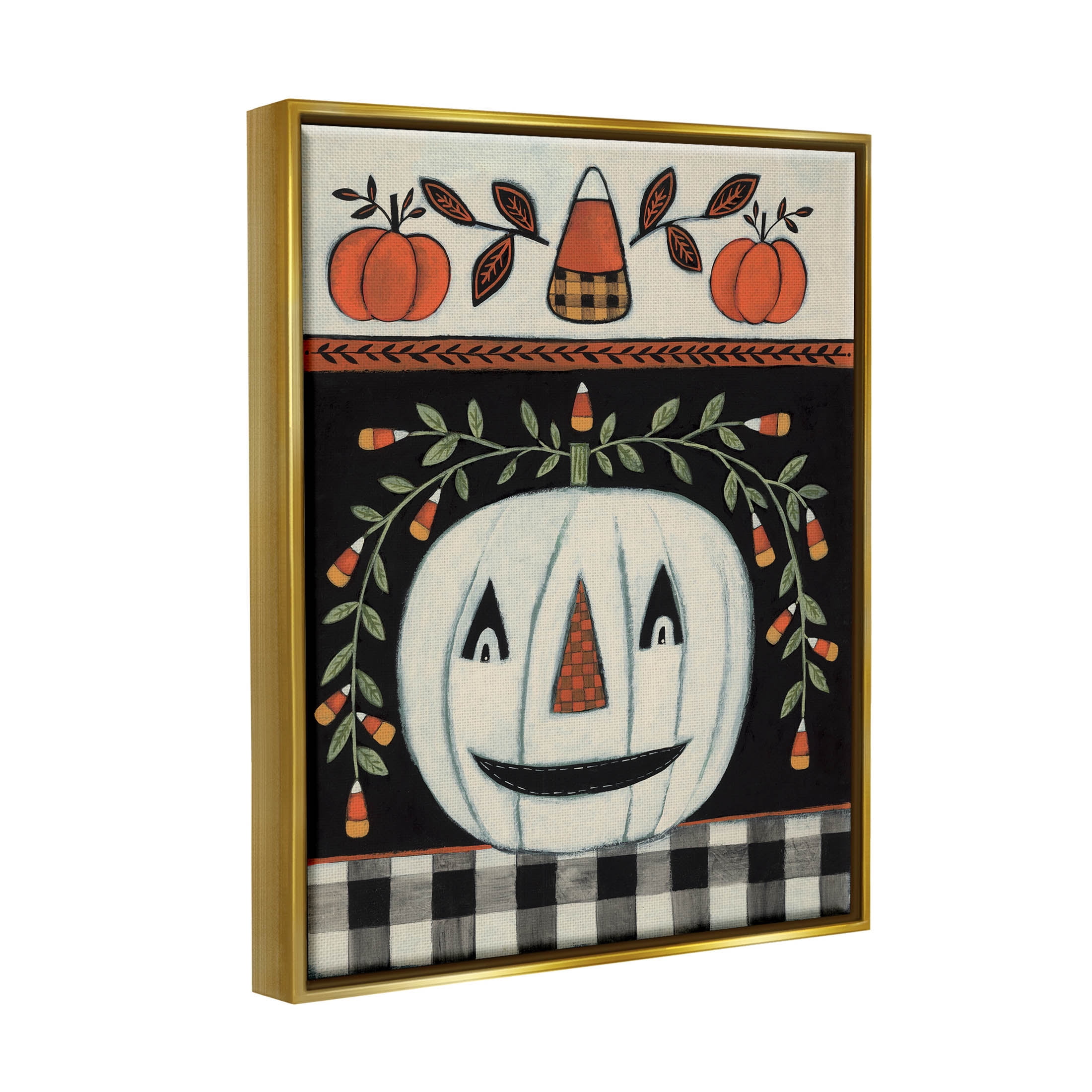 Fall Jack-o-Lantern Tartan Pattern Holiday Graphic Art Metallic Gold Framed Art Print Wall Art