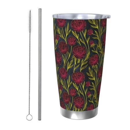 

Qekee Burgundy Peony Flowers Print 20OZ Car Cup Stainless Steel Vacuum Insulated Tumbler Tumbler Cup With Lid And Straw Travel Coffee Mug-Straw Two-piece Set
