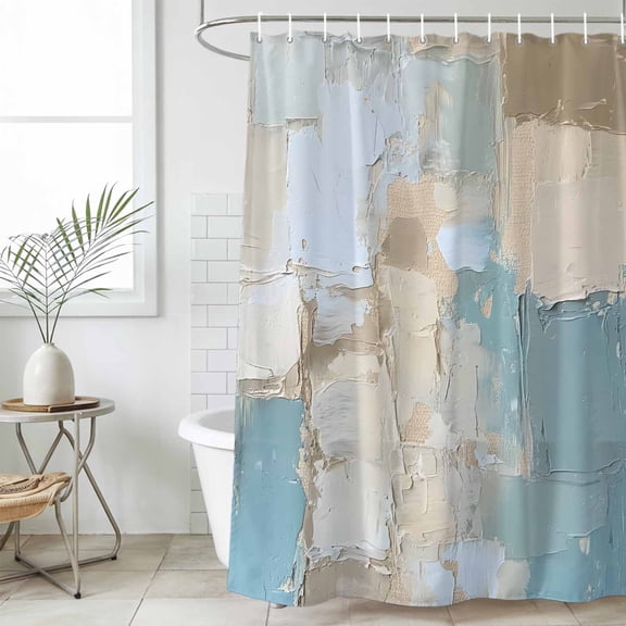 Modern Abstract Waterproof Fabric Shower Curtain, Blue Brown Color Blocks Waterproof Fabric Shower Curtain for Bathroom Curtains Bathtubs Hotel Washable Shower Curtains with 12 Hooks Long 72x78in