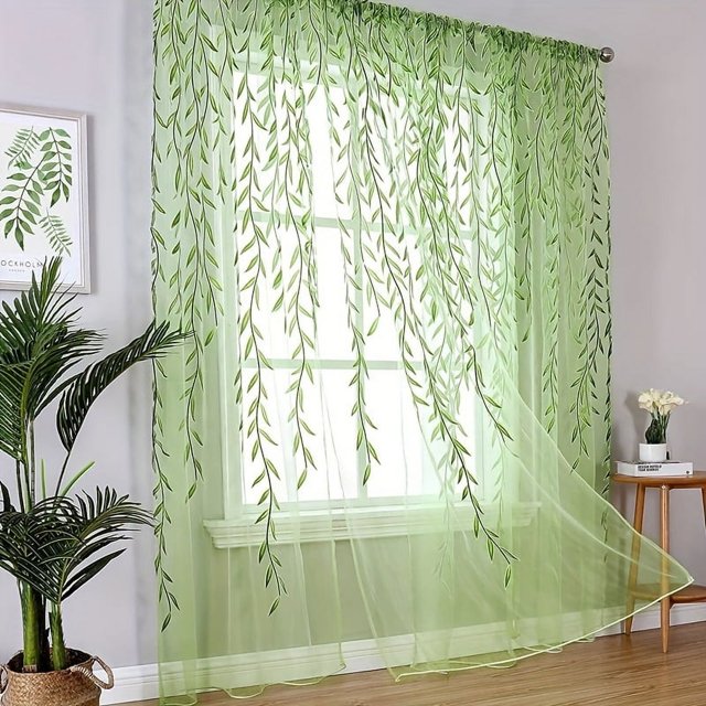 1pc Willow Leaf Strip Backdrop Cloth Green Willow Leaf Mesh Curtain Party Party Background Decoration Party Background Cloth For Halloween Christmas