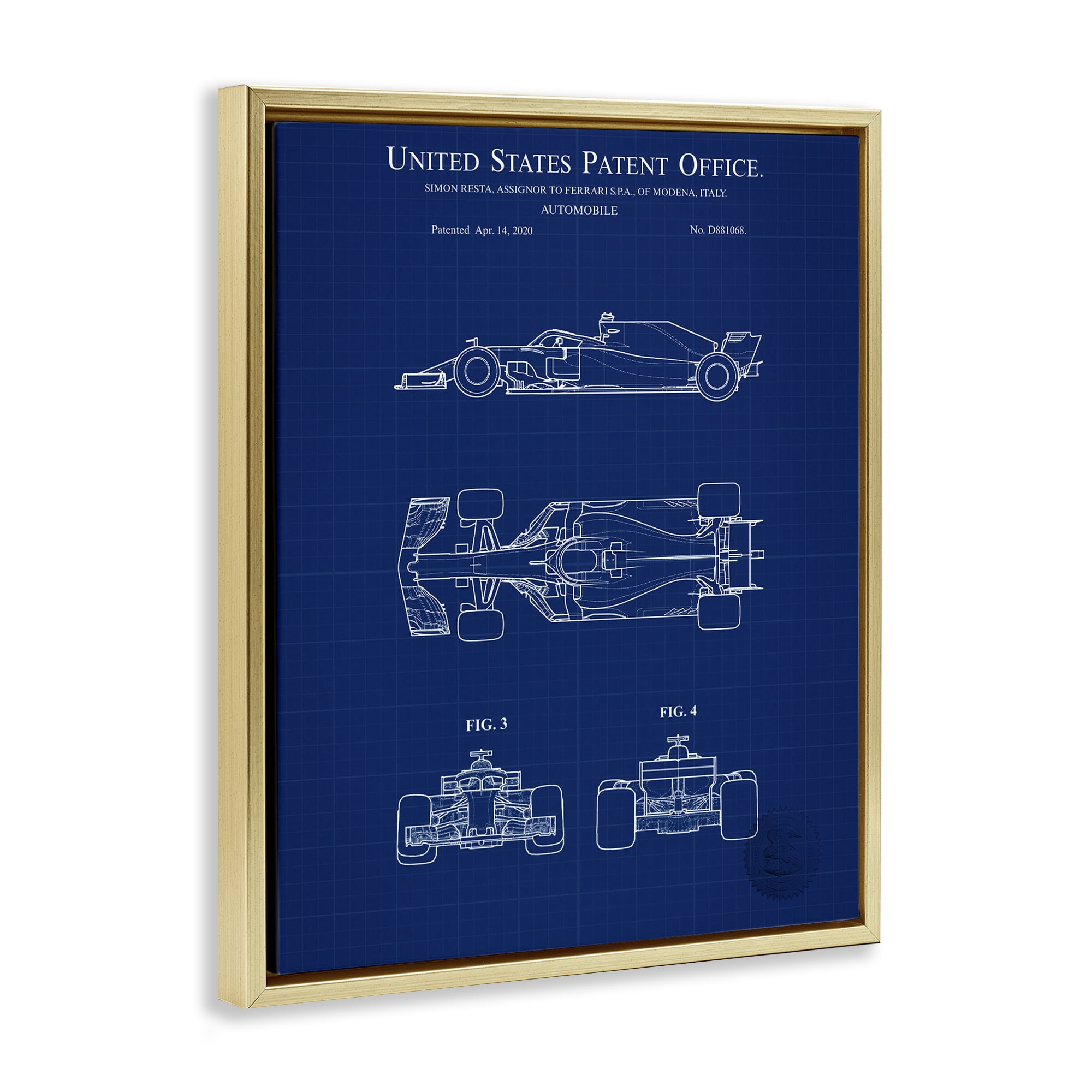 Stupell Industries Race Car Blueprint Transportation Painting Gold Floater Framed Art Print Wall Art, 17 x 21
