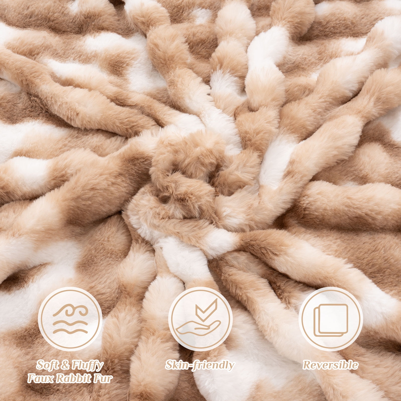 VK·LIVING Thick Ribbed Faux Rabbit Fur Cozy Reversible Throw Blanket,Super Soft 3D Striped Fuzzy Cozy Blankets,Brown,108"x 90"