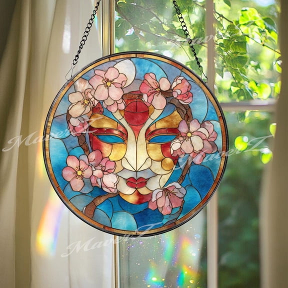 Cherry Blossom Mask Glass Suncatcher, Round Window Panel, Artistic Face Mystical Floral Decor, 7.9 in