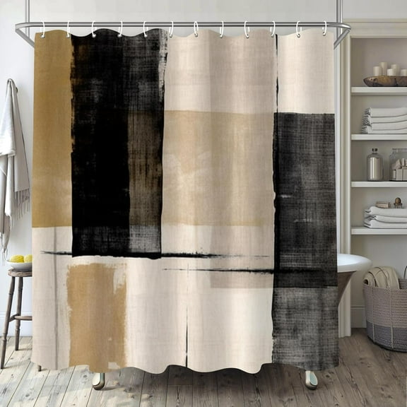 Oil Painting Shower Curtain for Bathroom, Black White Brown Boho Shower Curtain Set, Beige Tan Cream Fabric Modern Waterproof Bathroom Decor with 12 Hooks 72x72in D