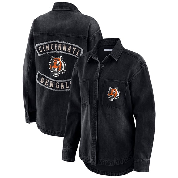 Women's WEAR by Erin Andrews Black Cincinnati Bengals Washed Oversized Denim Full-Snap Shacket