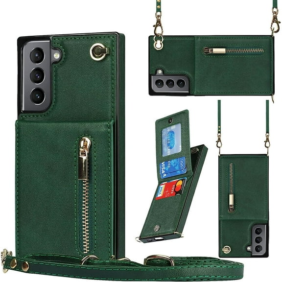 Crossbody Case for Samsung Galaxy S21 5G Case with Card Holder,Galaxy S21 Wallet Case for Women Girl PU Leather Flip Cover Lanyard Strap Magnetic Clasp Kickstand ID Credit Card 6.2",Green