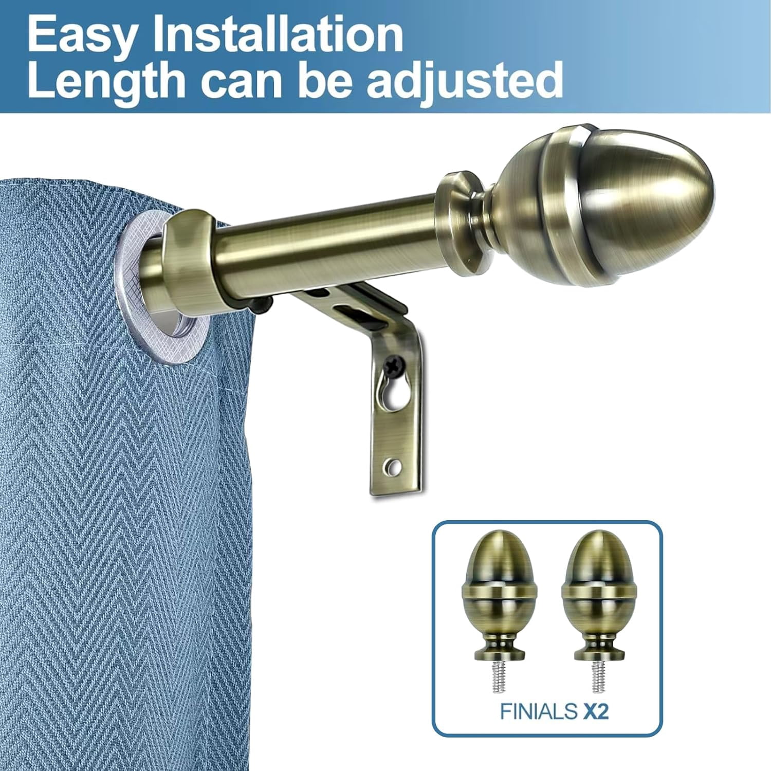 Urbanest Adjustable Single Curtain Rod Set Acorn Finials – 5/8-Inch Diameter, With Antique Brass Rod, 48–84 Inches