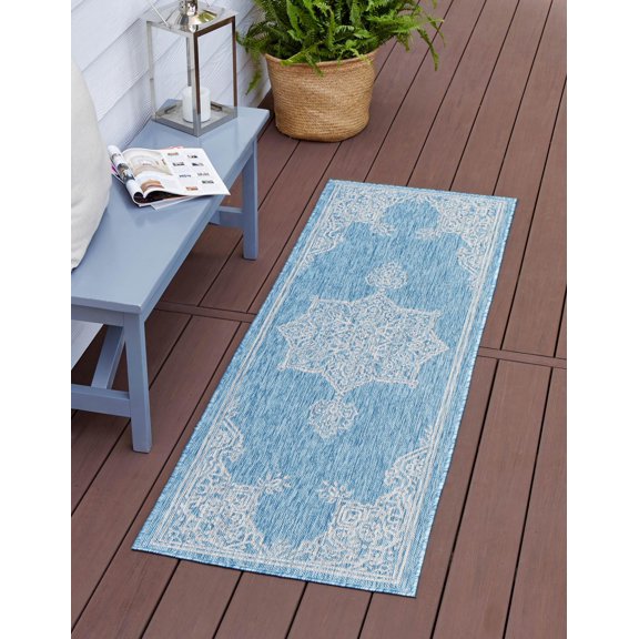 Rugs.com Outdoor Traditional Collection Rug – 6 Ft Runner Light Aqua Flatweave Rug Perfect For Hallways, Entryways