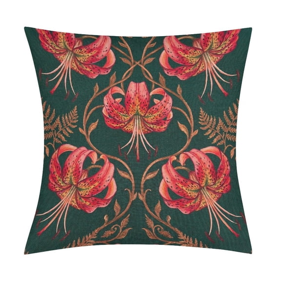 Art Nouveau Tiger Floral And Fern Pattern on Dark GreenSet of 2 Faux Linen Throw Pillow Covers, Soft & Breathable Polyester Cushion Cases