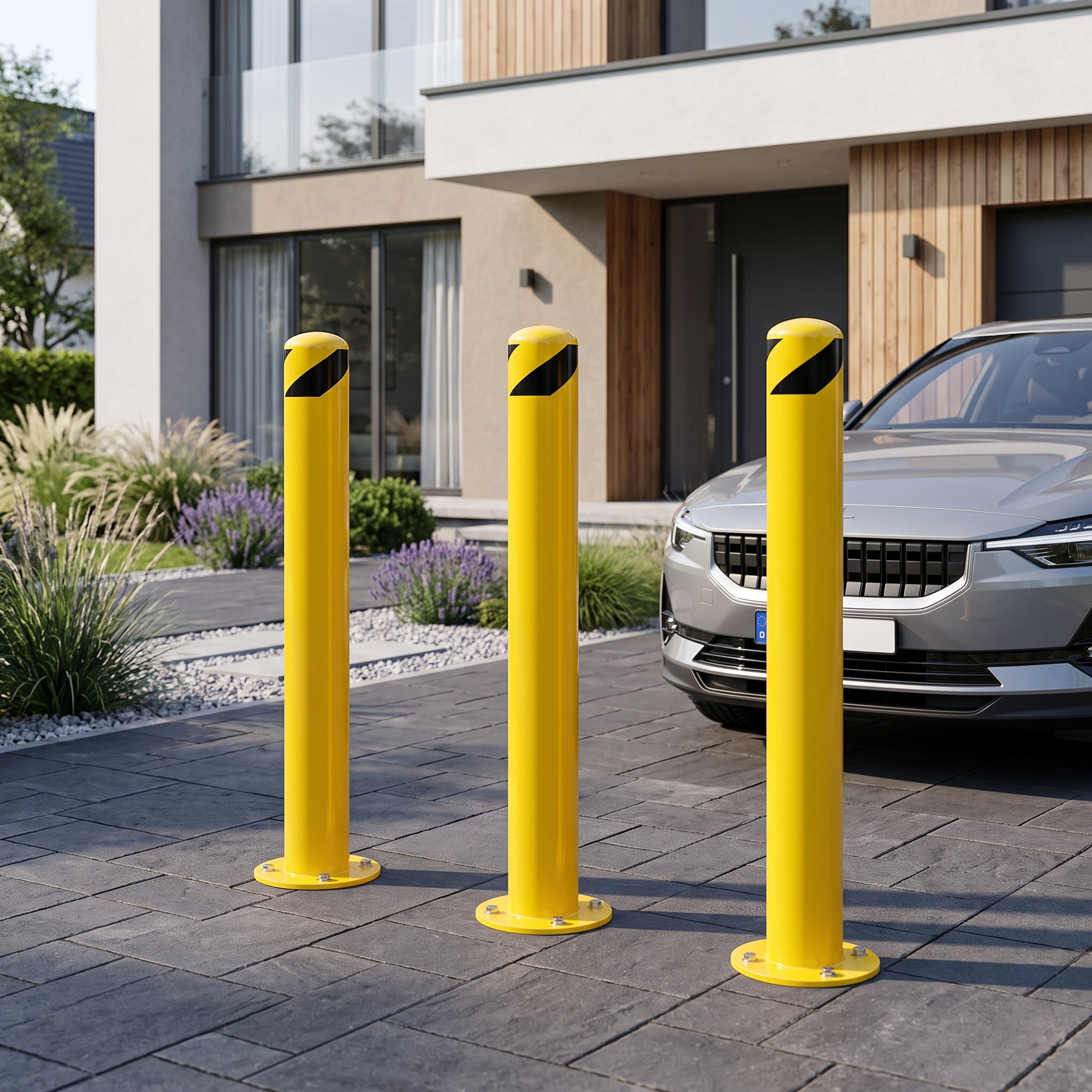 Safety Bollard Post 36/42 inch Height Safety Bollard, 3/3.5 inch Diameter Powder Coated Steel Bollard Post, Industrial Yellow Bolt Down Bollards with Anchor Bolts, Parking Post