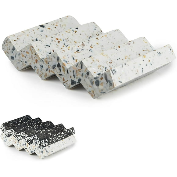 shiyou-Zig Zag Jesmonite Terrazzo Stone Soap Dish for Bathroom Sink - Concrete Soap Saver for Bar Soap Holder for Shower - Sponge Holder - Self Draining Soap Dish Holder - Kitchen Soap Tray (White)