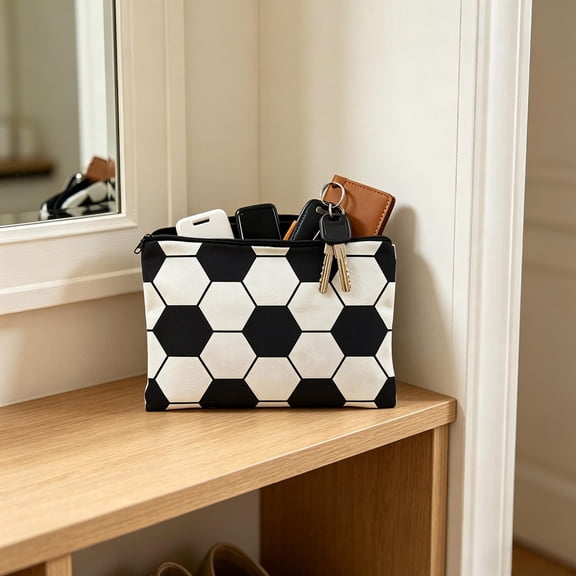 Japceit Soccer Ball Pattern Portable Storage Pouch Polyester Zippered Canvas Coin Toiletry Bag for Travel
