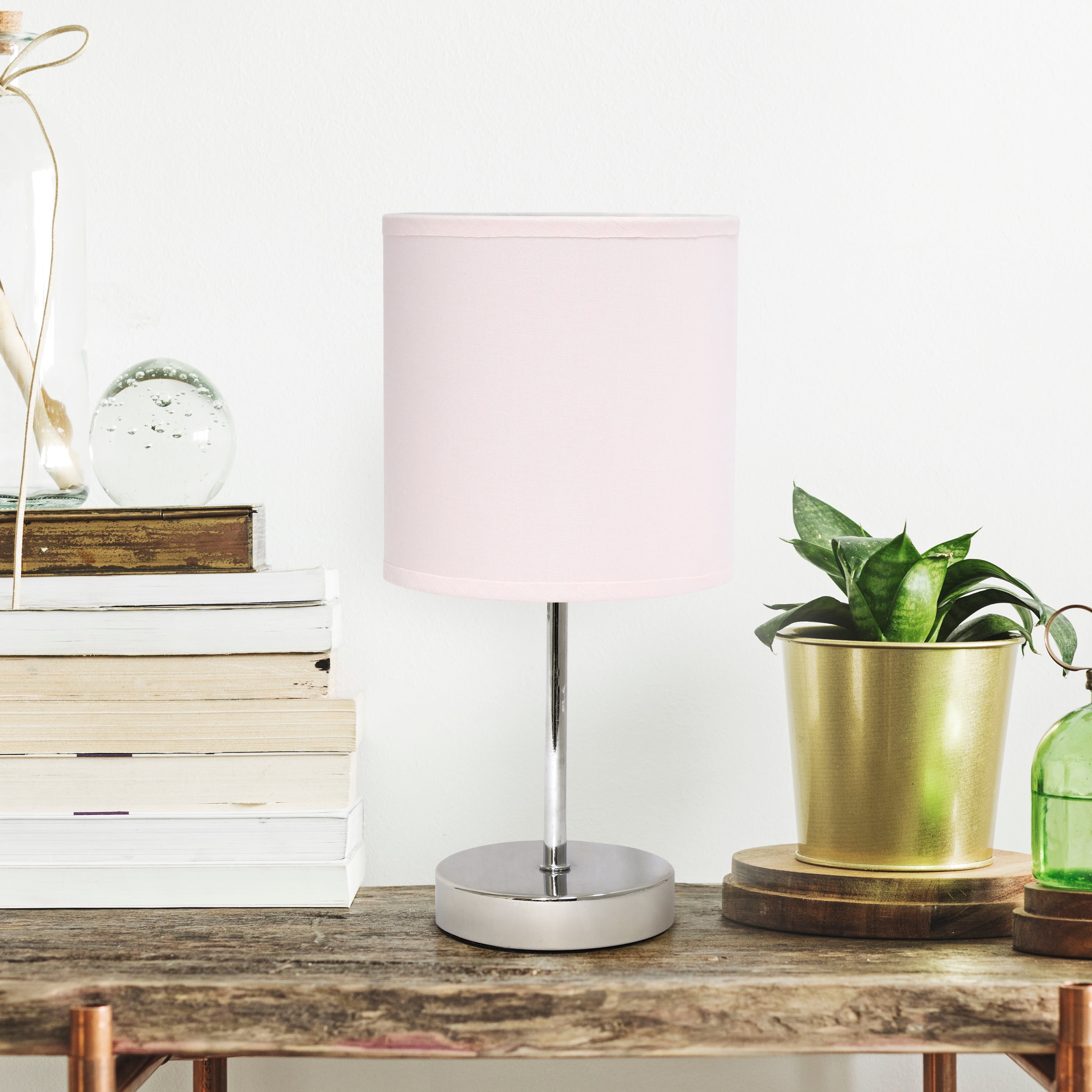 Creekwood Home 11.81" Chrome Petite Metal Stick Table Lamp with LED Bulb, Blush Pink Shade
