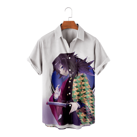 

MLFU Demon Slayer Mens Hawaiian Shirt Button Down Short Sleeve Vintage Fashion Tops Crewneck Clothes for Boys 5-14 Years