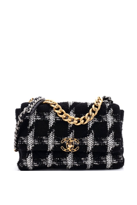 Pre-Owned 19 Flap Bag Quilted Houndstooth Tweed and Ribbon Large By Rebag