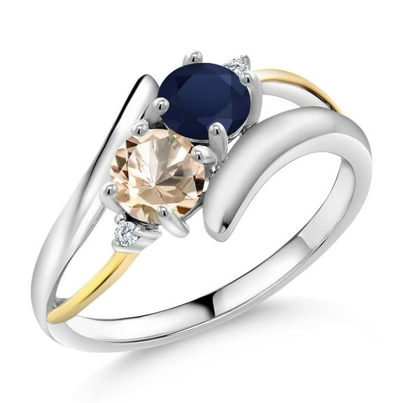 Gem Stone King 925 Silver and 10K Yellow Gold Round Blue Sapphire and Peach Morganite Women Ring (1.02 Cttw, Gemstone Birthstone, Size 8)