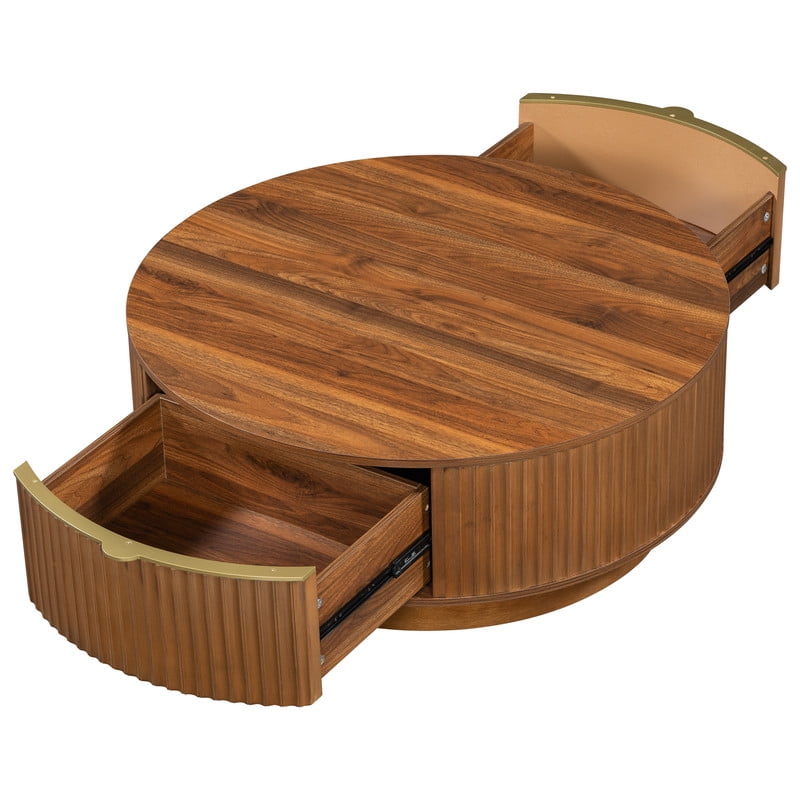 Farmhouse 35.4'' Round Wood Coffee Table with 2 Storage Drawers, Fluted Design Accent Cocktail Center Table