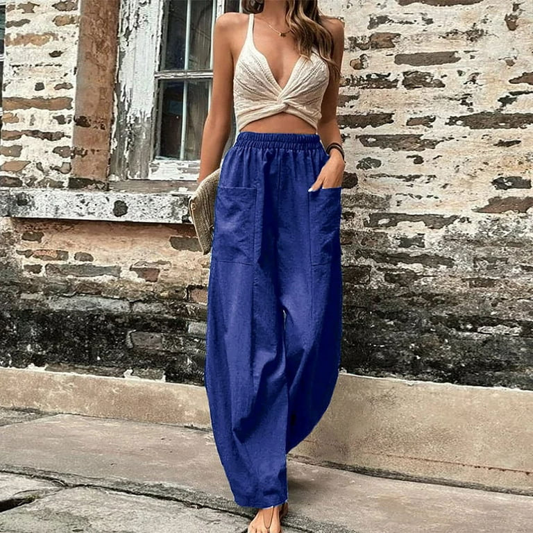 Womens Wide Leg Lounge Pants with Front Pockets Solid Color Loose Trousers  Fashion Plus Size Casual Beach Pants (Small, Blue) 